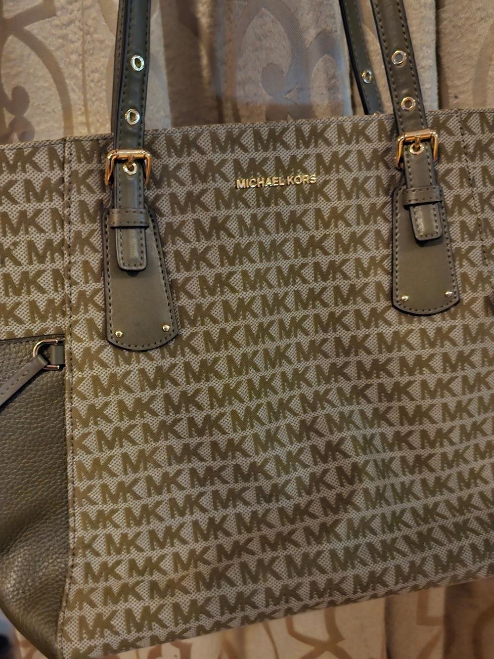 Michael Kors Taupe MK Logo Tote with Gold Hardware
